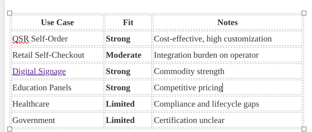 Fit Analysis (text)QSR Self-Order -- Strong -- Cost Effective Retail Self-Checkout -- Moderate -- integration burden on operator digital signage -- Strong -- commodity strength Education panels -- Strong -- commodity strength Healthcare - Limited Government - Limited